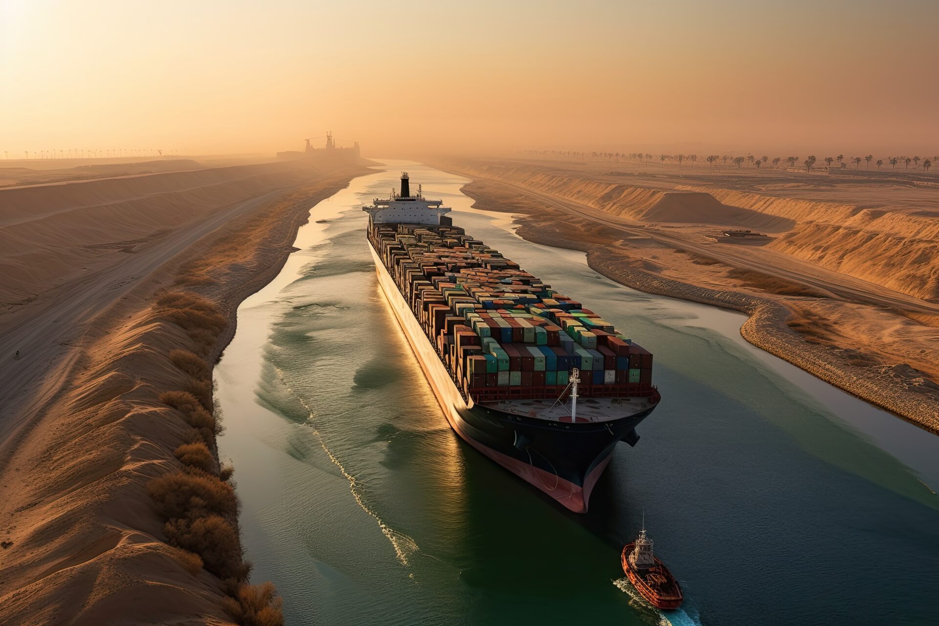 Container ship in the  SUEZ CANAL -  supply chain, world trade  - Generative AI